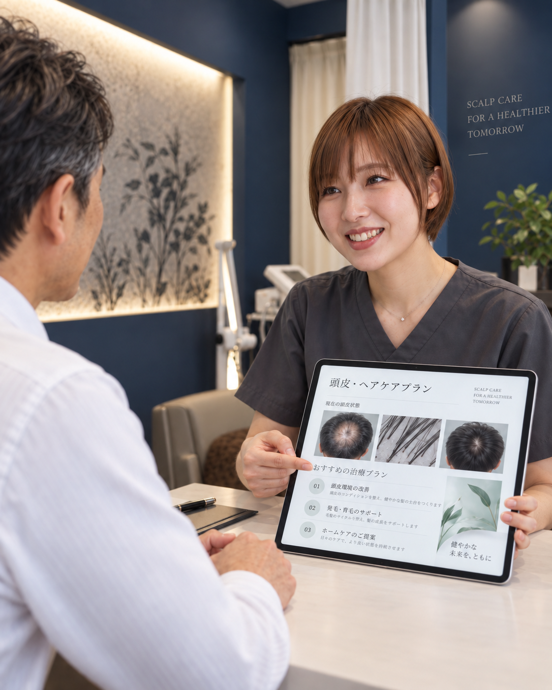 頭皮の画像を見ながら男性のお客様にケアを説明するイメージ